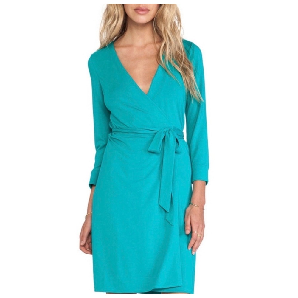 Diane von Furstenberg Julian Wrap Dress Womens 2 Teal Green 3/4 Sleeve V-Neck